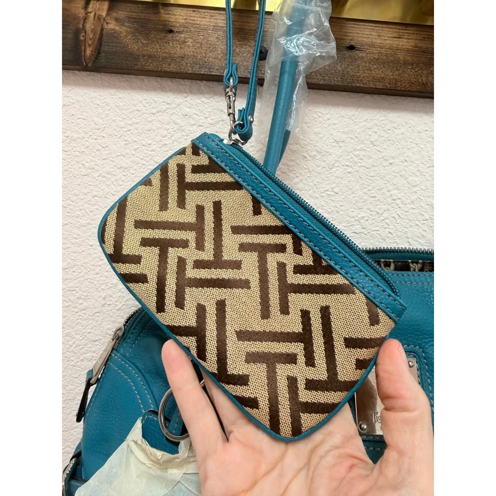 Tignanello Womens Satchel Large Teal Leather Dome Bag Matching Wristlet NWT